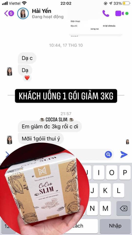 Người bán sản phẩm giảm cân Cocoa Slim khoe về thành tích giảm cân của người dùng là uống 1 gói (hộp 1 gói) giảm được 3kg. (Ảnh chụp màn hình quảng cáo của nickname Hải Yến).