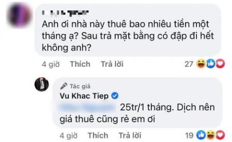 Vũ Khắc Tiệp từng đáp trả khi cư dân mạng hỏi giá thuê biệt thự ở Sài Gòn