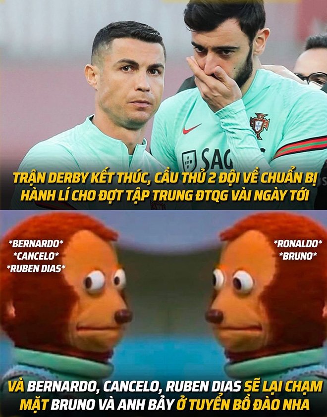 Ánh mắt "yêu thương" khi các cầu thủ Bồ Đào Nha ở Man City gặp lại Ronaldo.