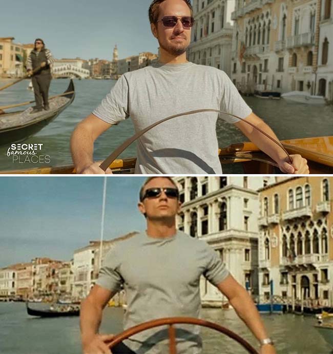 11. Tiếp theo đó là việc tìm và chọn mua trang phục. Sau khi đến được địa điểm quay phim, Judith và Ronbin thường tốn 20 phút đến 1 giờ để chụp ảnh xong.

Một cảnh quay trong phim James Bond, được chụp tại Venice, Ý.
