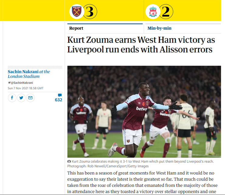 Tờ The Guardian ngợi ca trung vệ Kurt Zouma công thủ toàn diện giúp West Ham hạ gục Liverpool ở sân London