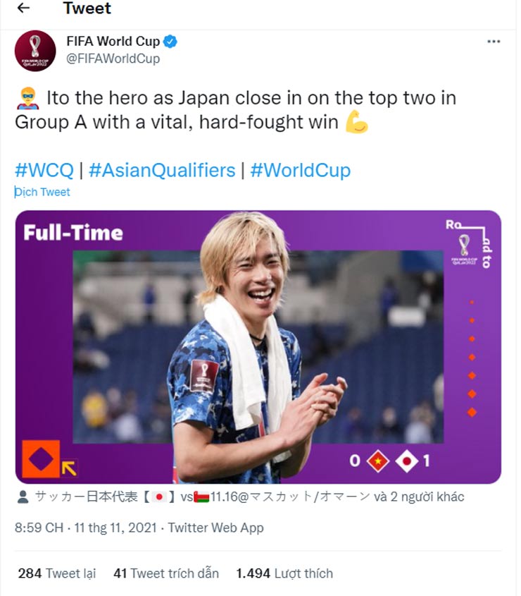 Người hùng Ito của ĐT Nhật Bản được tài khoản Twitter của FIFA World Cup chú ý