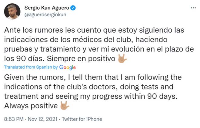 Chia sẻ của Aguero trên trang Twitter cá nhân