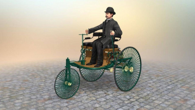 Karl Benz đang lái chiếc xe ô tô đầu tiên trên thế giới do mình sáng chế