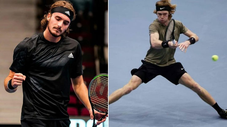 Rublev (trái) hạ gục Tsitsipas 1 cách thuyết phục