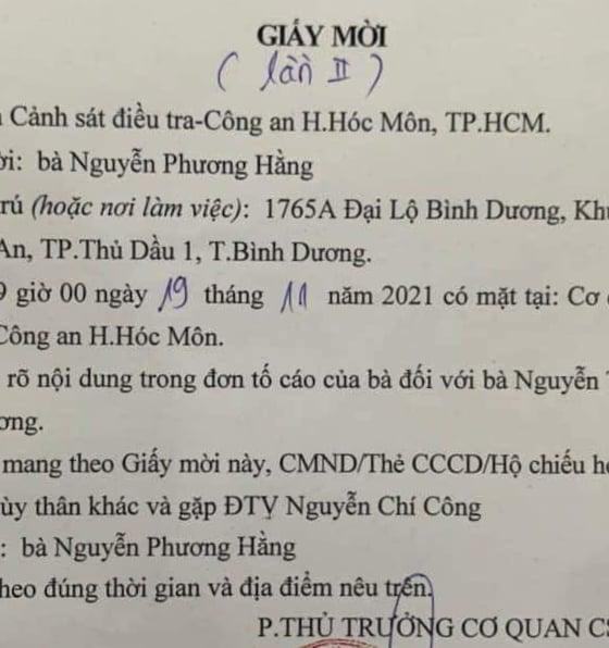 Cơ quan CSĐT Công an huyện Hóc Môn (TPHCM) mời bà Nguyễn Phương Hằng đến làm việc vào ngày 19/11 tới đây. Ảnh: Tân Châu