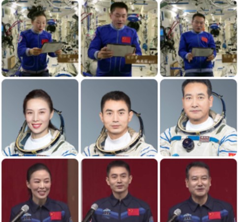 Người dân Trung Quốc phát hiện mặt của 3 nhà du hành vũ trụ có nét bất thường sau 1 tháng ở ngoài vũ trụ. Loạt ảnh trên cùng chụp ở trạm không gian ngoài Trái đất. Loạt ảnh ở giữa và dưới cùng chụp khi các nhà du hành còn ở Trái đất&nbsp;Ảnh: Sina Weibo