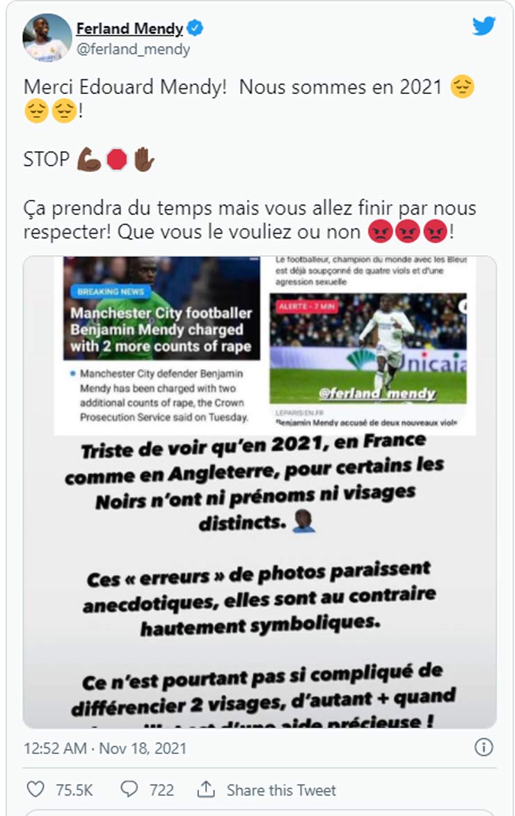 Thông điệp đáng chú ý của Ferland Mendy trên mạng xã hội Twitter