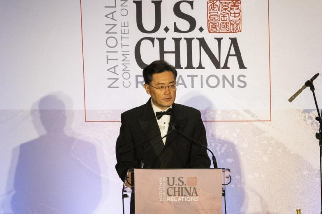 Đại sứ Trung Quốc tại Mỹ Tần Cương phát biểu tại hội thảo của Viện Brookings hồi cuối tuần trước. Ảnh: AP