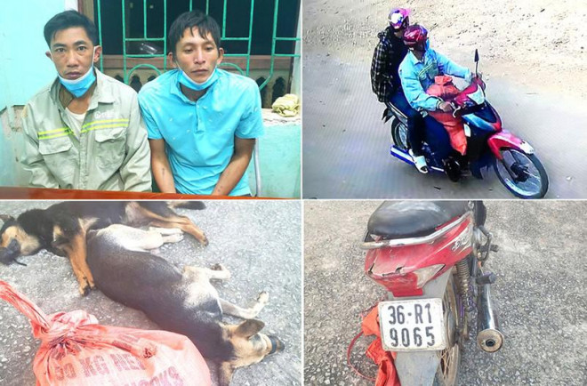 Lê Văn Thu, Phạm Tuấn Loan cùng tang vật vụ trộm cắp chó. Ảnh: CACC