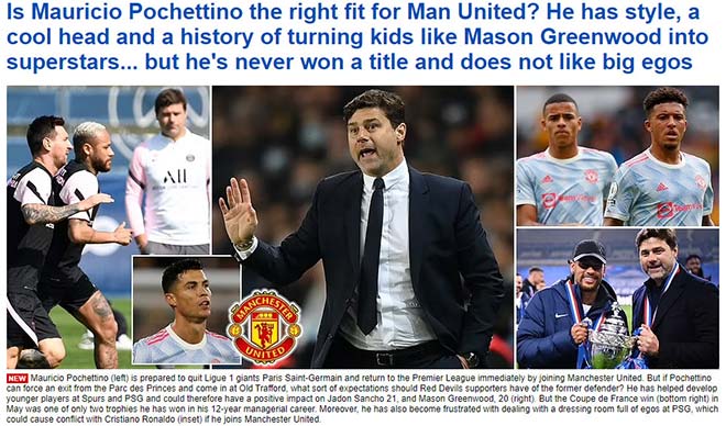 Tờ DailyMail đặt câu hỏi liệu Pochettino có hợp với MU khi ông không thích những cầu thủ có cái tôi lớn