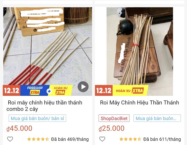 Một số gian hàng trên sàn TMĐT bán từ 400-600 chiếc roi mây/tháng. (Ảnh chụp màn hình).