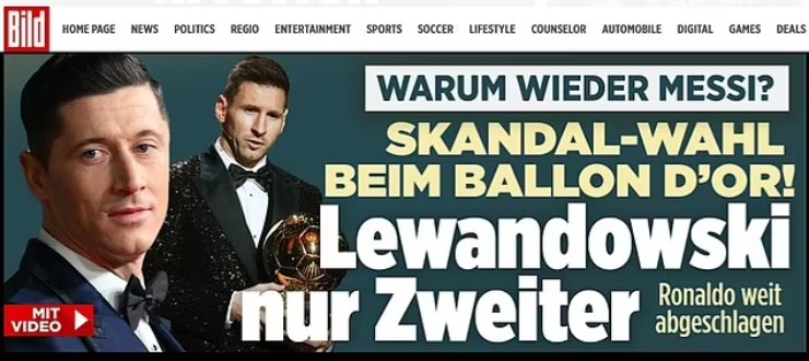 Truyền thông Đức tố Gala Quả bóng vàng 2021 "có mùi", sau khi Lewandowski thua Messi