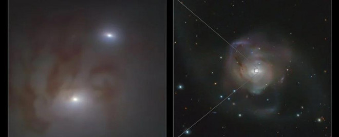 Cận cảnh lỗ đen "đôi" với 2 đốm sáng rực rỡ, cho thấy chúng đang dần hợp nhất - Ảnh: ESO