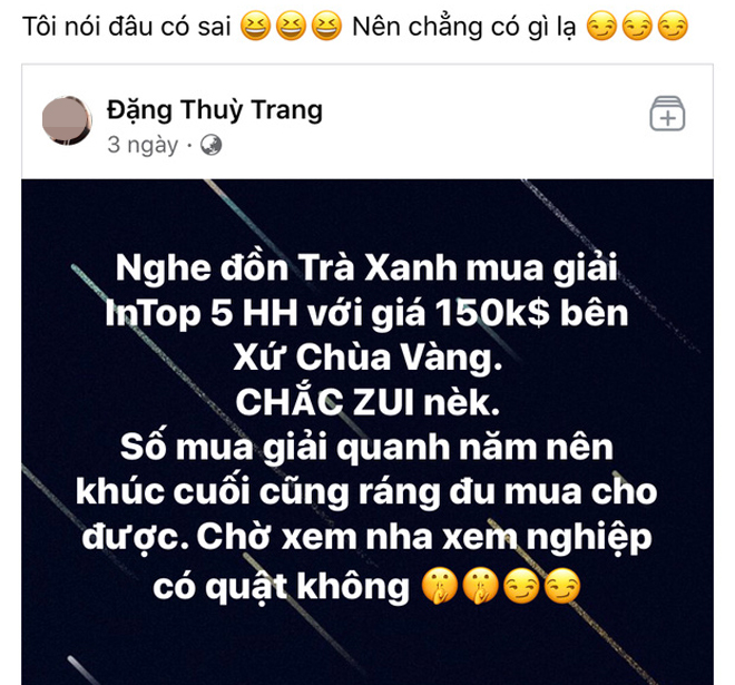 Thùy Trang còn chia sẻ lại status của vài ngày trước cô đăng tải