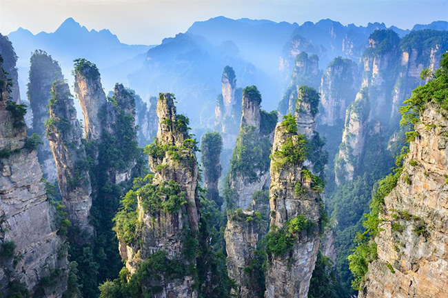 Cảnh quan kỳ lạ và độc đáo của Công viên Rừng Quốc gia Trương Gia Giới, Trung Quốc nổi bật với những cột đá sa thạch kỳ diệu, sừng sững từ một hẻm núi dường như vô tận. Nằm ở Hồ Nam, Trung Quốc, địa hình kỳ lạ nhưng tuyệt đẹp này trông giống như một thế giới khác. 
