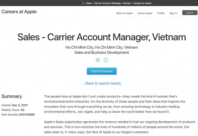 Thông tin tuyển dụng mới nhất của Apple vào ngày 3/12.&nbsp;