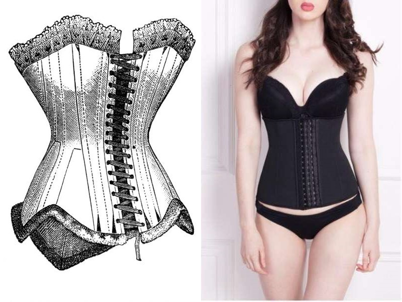 Sư tương đồng về kiểu dáng giữa corset (bên trái) và đai định hình (bên phải).