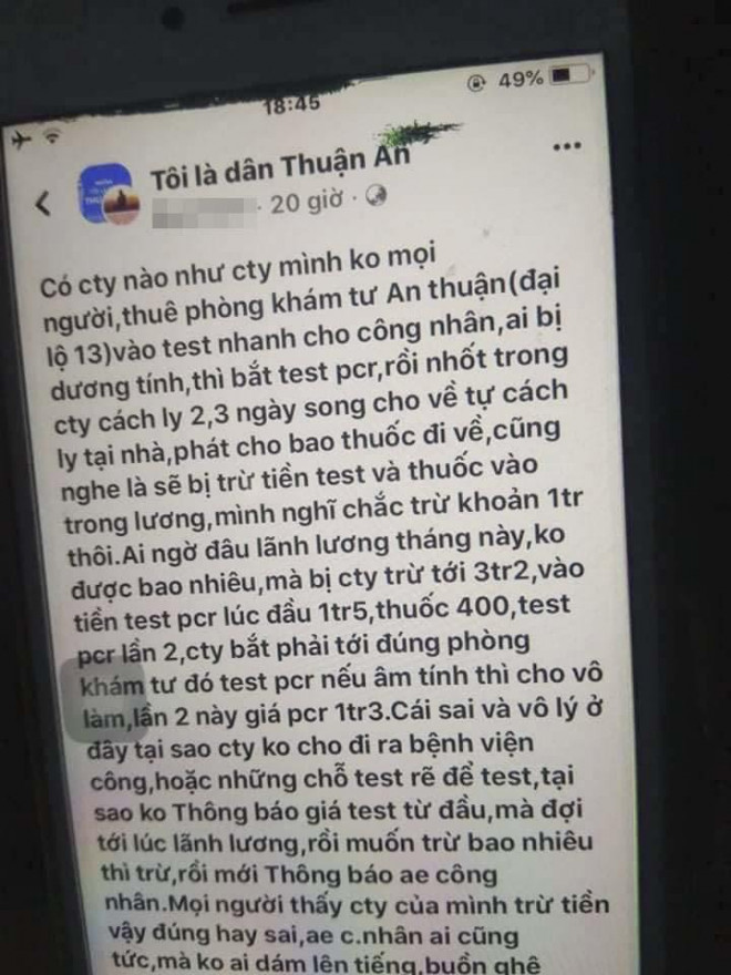 Công nhân bức xúc phản ảnh trên mạng xã hội về trường hợp Công ty Uchiyama trừ tiền test Covid-19