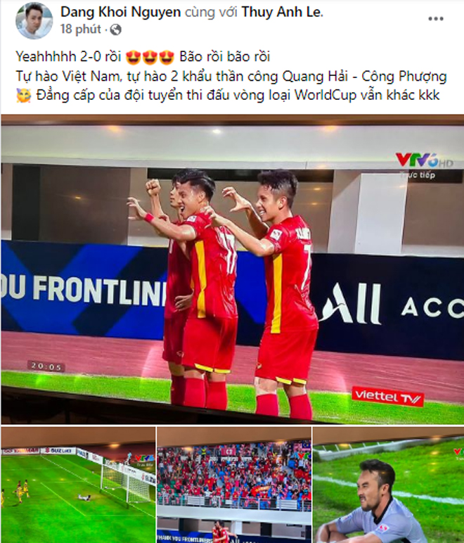 Khi hết hiệp 1, đội tuyển Việt Nam dẫn 2-0, nam ca sĩ Đăng Khôi đã hô vang tên Quang Hải, Công Phượng