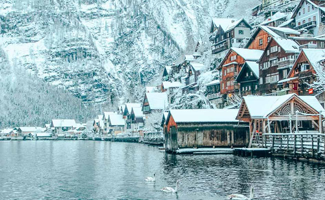 11. Một buổi sáng mùa đông ở Hallstatt gồm tuyết trắng, núi non, những con thiên nga trong hồ…
