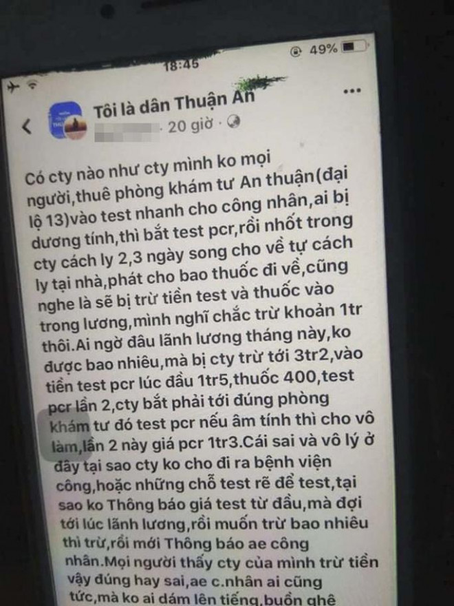 Công nhân phản ánh Công ty TNHH Uchiyama Việt Nam trừ tiền test Covid-19 với giá "cắt cổ"