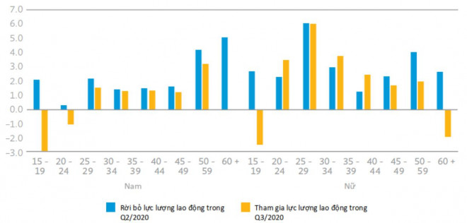 Thay đổi về lực lượng lao động tại Việt Nam trong quý 2 và quý 3/2020, phân theo giới tính và nhóm tuổi. Đơn vị: % dân số độ tuổi lao động. Nguồn: ADB.&nbsp;