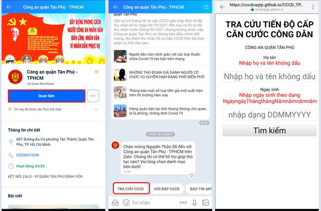 Người dân quận Tân Phú (TP.HCM) dễ dàng tra cứu tiến độ làm CCCD ngay trên Zalo. Ảnh chụp màn hình