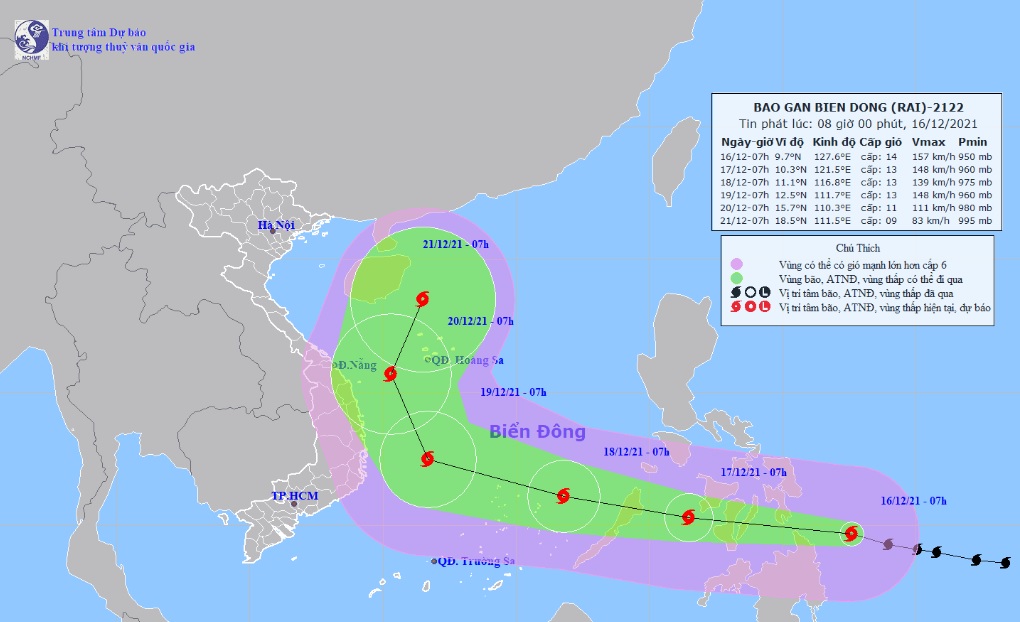 Vị trí và hướng di chuyển tiếp theo của bão Rai. Ảnh: Trung tâm Dự báo KTTVQG.