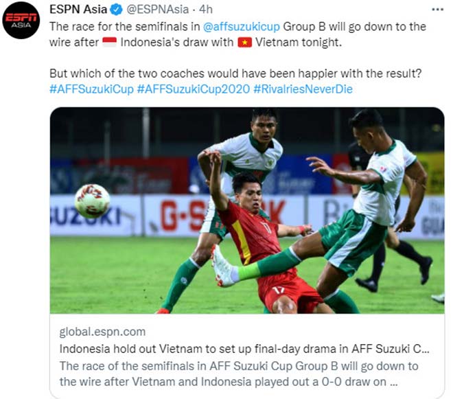 Trang ESPN châu Á nói về trận hòa giữa Việt Nam và Indonesia