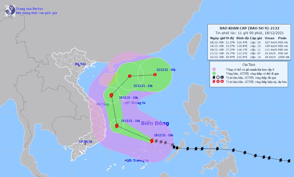 Vị trí và hướng di chuyển tiếp theo của bão số 9 Rai. Ảnh: Trung tâm Dự báo KTTVQG.