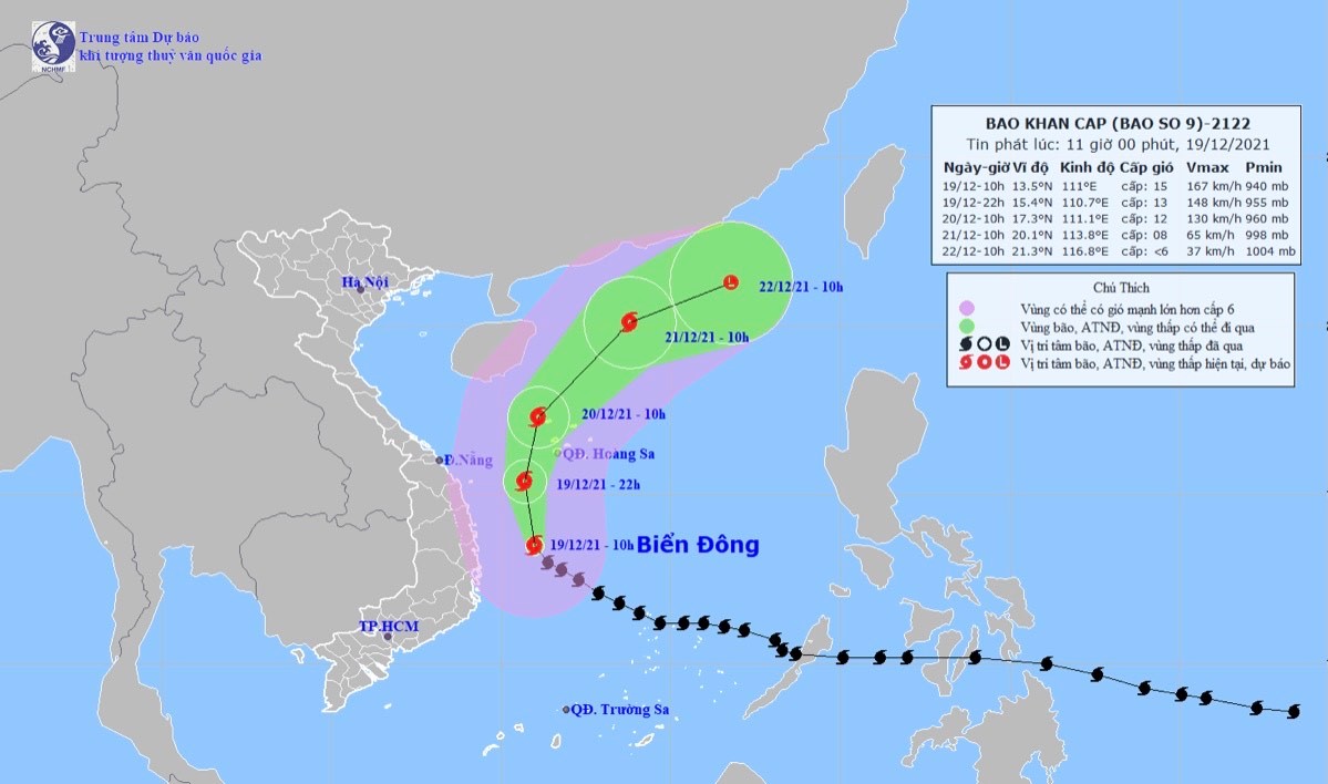 Vị trí và hướng di chuyển tiếp theo của bão số 9 Rai. Ảnh: Trung tâm Dự báo KTTVQG.