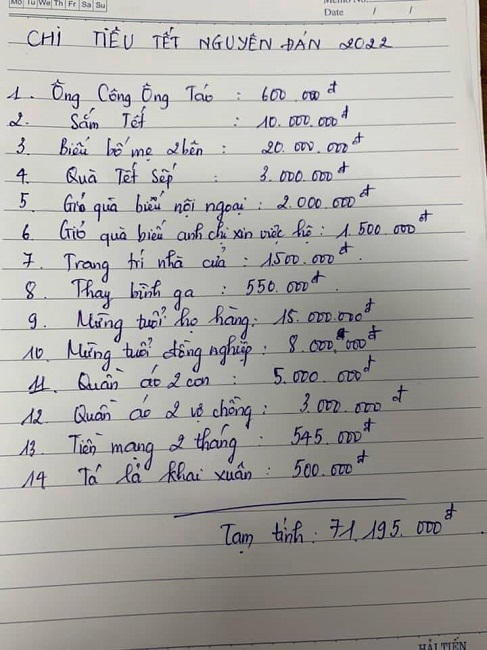 Bảng chi tiêy Tết Nguyên đán 2021 gây tranh cãi một số ngày gần đây trên mạng xã hội.