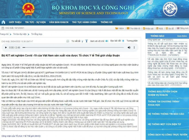 Thông tin "WHO đã đánh giá bộ kit do Công ty Việt Á sản xuất theo quy trình Danh sách khẩn cấp (EUL) và cấp mã số EUL 0524-210-00" đăng tải trên Cổng thông tin của Bộ Khoa học và Công nghệ ngày 26-4-2020.