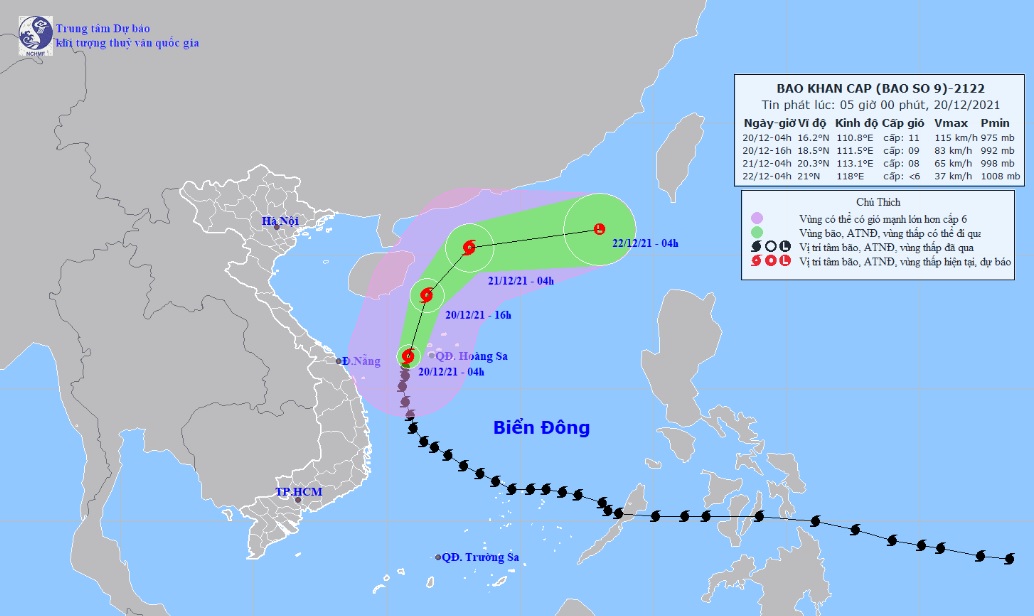 Vị trí và hướng di chuyển tiếp theo của bão số 9 Rai. Ảnh: Trung tâm Dự báo KTTVQG.