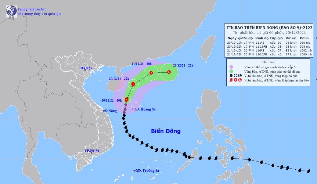 Vị trí và hướng di chuyển tiếp theo của bão số 9 Rai. Ảnh: Trung tâm Dự báo KTTVQG.