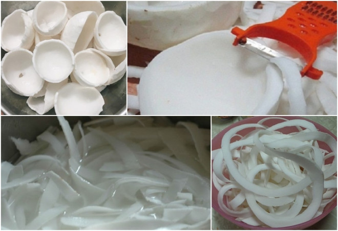 Nạo thành sợi, sau đó đem rửa với nước nhiều lần để loại bỏ dầu dừa.