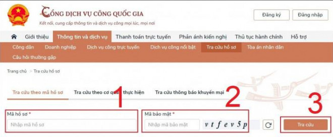 Bước 3: Tiến hành nhập Mã hồ sơ của bạn vào ô và sau đó nhập Mã bảo mật, rồi bấm Tra cứu tình trạng hồ sơ