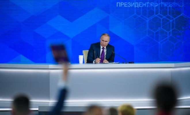 Tổng thống Nga Vladimir Putin tại cuộc họp báo thường niên cuối năm. Ảnh - RT