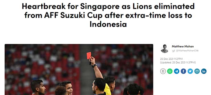 Bài viết trên tờ Channel News Asia, bày tỏ sự khâm phục với nỗ lực của tuyển Singapore