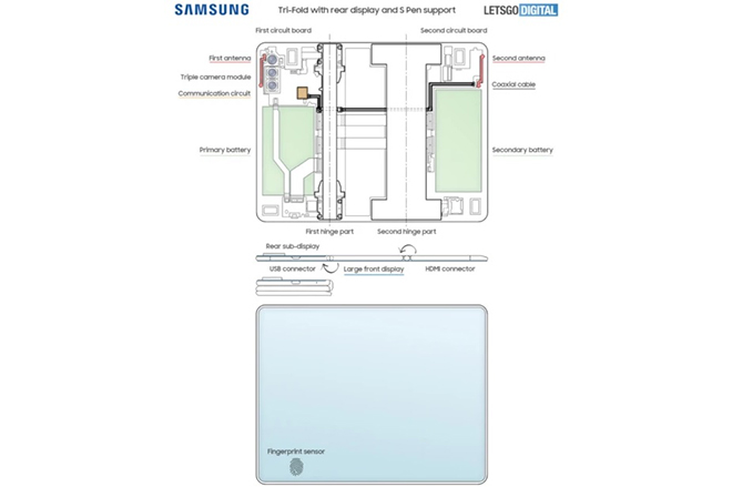 Hình ảnh bằng sáng chế về smartphone màn hình gập 3 của Samsung.