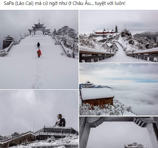 Những hình ảnh tuyết trắng xóa là ảnh cũ trong đợt tuyết rơi hồi tháng 2/2021 trên đỉnh Fansipan. Ảnh chụp màn hình.