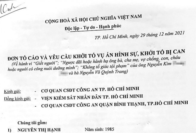 Đơn tố cáo và yêu cầu khởi tố của bà Hạnh.&nbsp;Ảnh: Nguyễn Yên