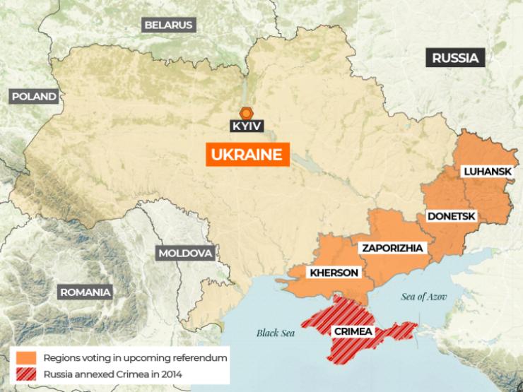 Bản đồ 4 khu vực Nga mới sáp nhập ở Ukraine (ảnh&nbsp;: ALJ)