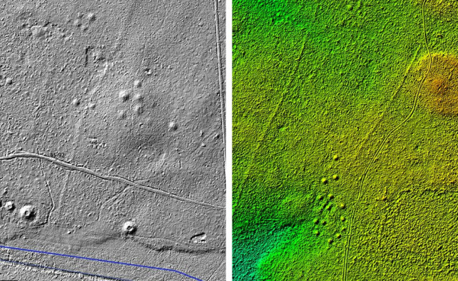 HÌnh ảnh của LiDar cho thấy những cấu trúc bí ẩn gồ lên trên nền bằng phẳng của đất rừng - Ảnh: M. Szubski &amp; M. Jakubczak