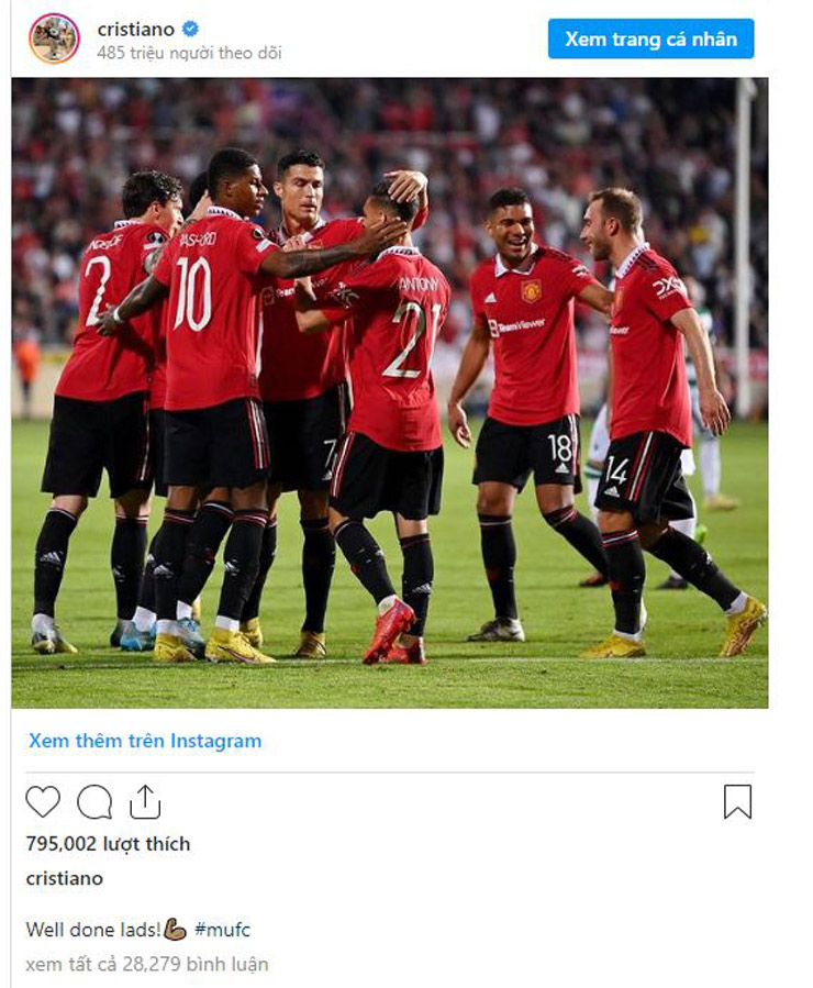 CR7 vẫn ngợi khen các đồng đội trên Instagram dù anh đã có trận đấu quá kém duyên ghi bàn