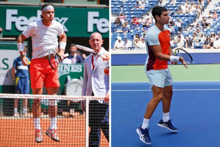 Nadal (trái) và Alcaraz (phải) khởi động giống nhau