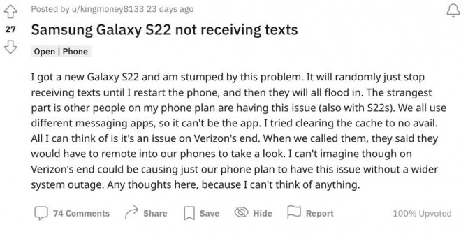 Nhiều người dùng than phiền về sự cố không nhận được tin nhắn trên Galaxy S22 series. Ảnh: TIỂU MINH