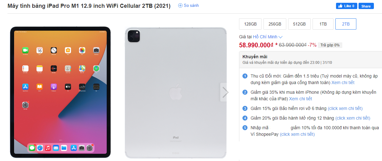 iPad Pro 12,9 inch M1&nbsp;WiFi Cellular 2TB đang được giảm giá mạnh nhất.