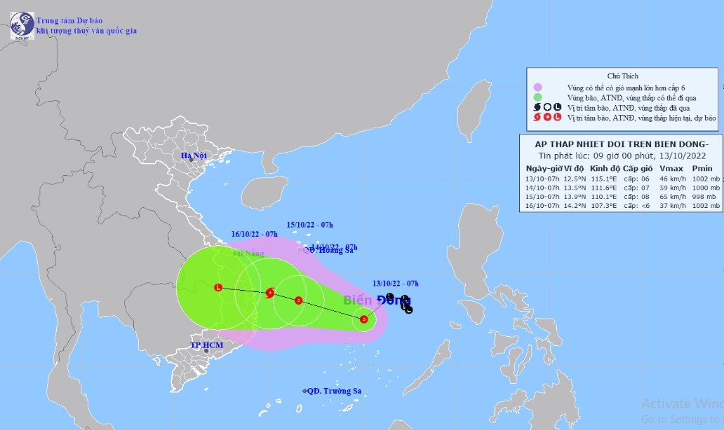 Vị trí và hướng di chuyển tiếp theo của áp thấp nhiệt đới (Ảnh: Trung tâm Dự báo KTTVQG)